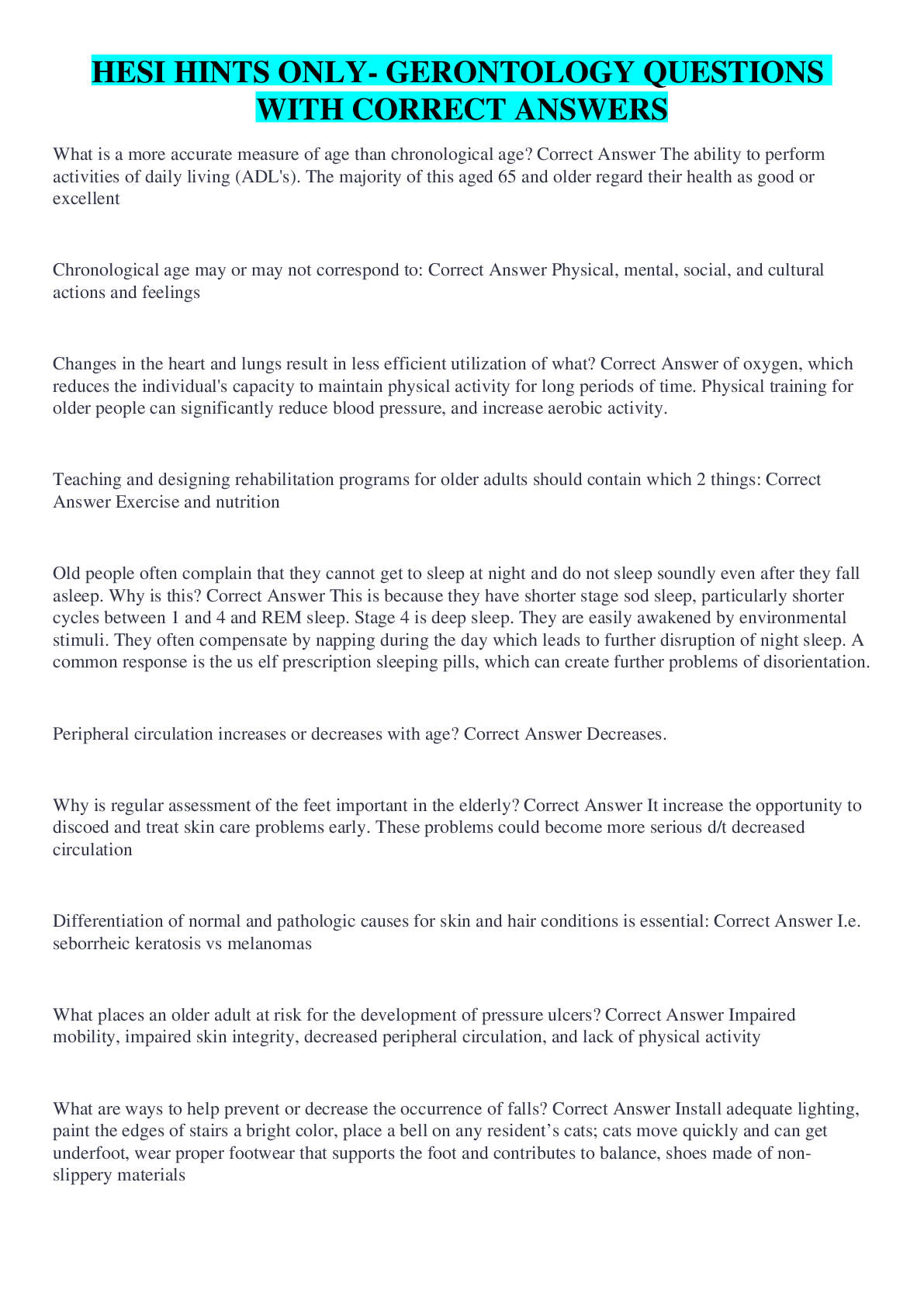 Preview image for HESI HINTS ONLY- GERONTOLOGY QUESTIONS WITH CORRECT ANSWERS